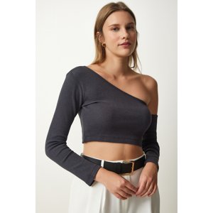 Happiness İstanbul Women's Anthracite Single Sleeve Ribbed Crop Knitted Blouse