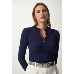 Happiness İstanbul Women's Navy Blue Zipper Collar Knitted Blouse