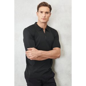 ALTINYILDIZ CLASSICS Men's Black Standard Fit Plain Polo Neck Short Sleeve Knitwear T-Shirt