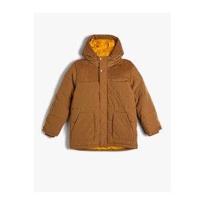 Koton Oversize Puffer Jacket Hooded Lined Pockets Zippered Velvet Fabric Detailed