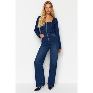 Trendyol Dark Blue Square Neck Zipper Denim Jumpsuit