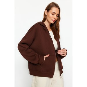 Trendyol Brown Oversize/Comfortable Cut Basic Hooded Thick Fleece Inside Knitted Sweatshirt