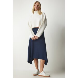 Happiness İstanbul Women's Navy Blue Asymmetric Cut Ribbed Knitted Skirt