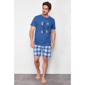 Trendyol Indigo Plaid Regular Fit Knitted Pajama Set with Shorts