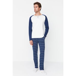Trendyol Navy Blue 100% Cotton Plaid Knitted Pajama Set