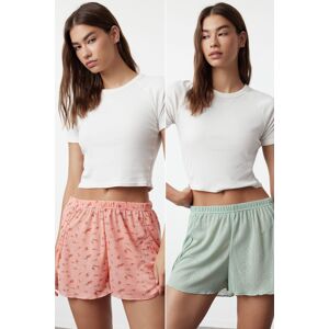 Trendyol Mint-Multicolor 2 Pack Floral Pointel Openwork/Hole Ribbed Knitted Pajama Bottoms