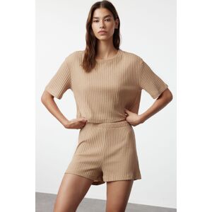 Trendyol Beige Ribbed Knitted Pajama Set