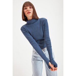 Trendyol Indigo Fitted Turtleneck Toe Detail Ribbed Stretch Knit Blouse
