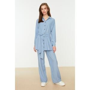 Trendyol Blue Belted Wide Leg Weave Aerobin Shirt-Pants Set