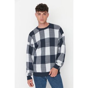 Trendyol Navy Blue Men's Oversize Fit Wide Fit Crew Neck Checked Patterned Knitwear Sweater