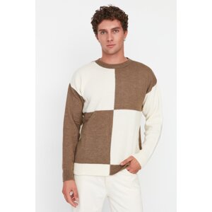 Trendyol Camel - Ecru Men's Oversize Fit Wide Fit Crew Neck Color Block Knitwear Sweater