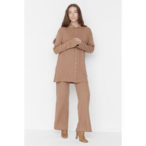 Trendyol Camel Slit Detailed Cardigan-Pants Knitwear Set