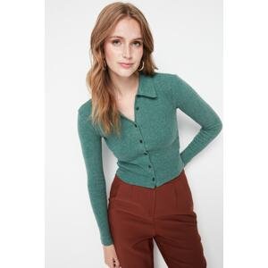 Trendyol Emerald Green Button Detail Fitted Crop Polo Neck Ribbed Stretch Knitted Blouse