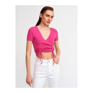 Dilvin 10194 Double-breasted Collar With Gathering in the Front, Knitwear Crop-fuchsia