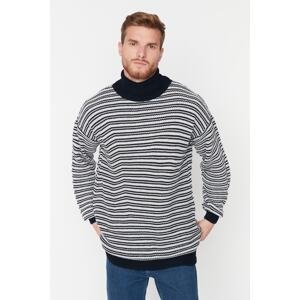 Trendyol Navy Blue Men's Oversize Fit Turtleneck Striped Knitwear Sweater