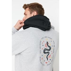 Trendyol Men's Gray Oversized Hoodie. Text Printed Sweatshirt with a Soft Pillow Inside