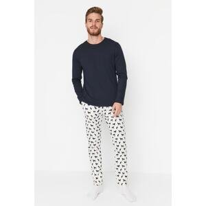 Trendyol Navy Blue Men's 100% Cotton Regular Fit Printed Knitted Pajamas Set.