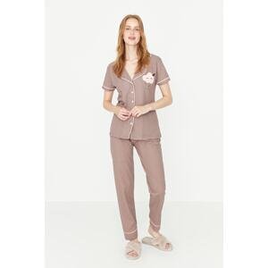 Trendyol Mink Cotton Printed Shirt-Pants Knitted Pajama Set
