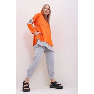 Trend Alaçatı Stili Women's Orange Layered Hooded Sweatshirt And Sweatpants Double Suit