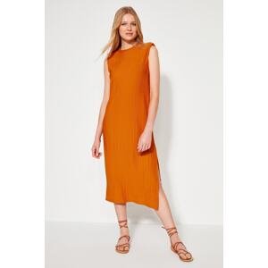 Trendyol Orange Padded Shift/Plain Pleated Midi Knitted Dress