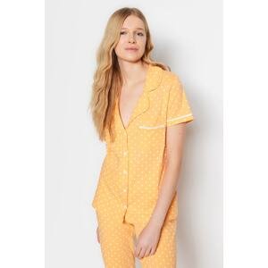 Trendyol Peach 100% Cotton Piping Detailed Polka Dot Shirt-Pants Knitted Pajama Set