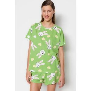 Trendyol Green 100% Cotton Heart Rabbit Printed T-shirt-Shorts Knitted Pajama Set