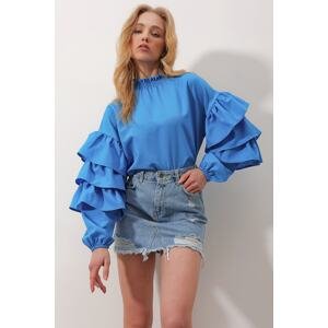 Trend Alaçatı Stili Women's Blue Turtleneck Knitted Blouse with Ruffled Trims