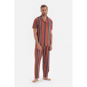 Dagi Burgundy Shirt Collar Striped Knitted Pajamas Suit