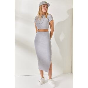 Olalook Gray Short Sleeve Slit Skirted Lycra Suit