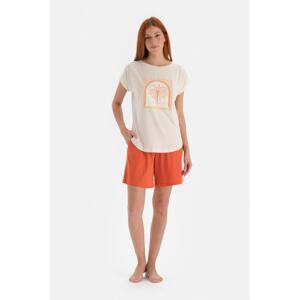 Dagi Off-White Crew Neck Printed Short Sleeve Shorts Pajama Set