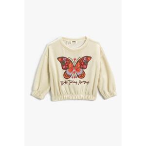 Koton Girls' Embroidered Butterfly Ribbed Round Neck Crop Sweatshirt