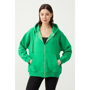 LOS OJOS Women's Green Hooded Oversize Rayon Zipper Knitted Sweatshirt.