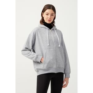 LOS OJOS Women's Melange Gray Hooded Oversized Rayon Zipper Knitted Sweatshirt.