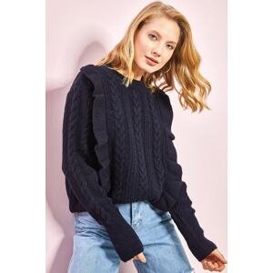 Bianco Lucci Women's Navy Blue Openwork Frilled Soft Sweater