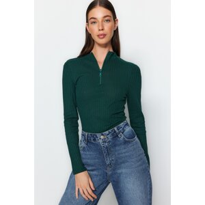Trendyol Emerald Green Zipper Collar Fitted/Sleeper-Collar Corduroy Knitted Blouse