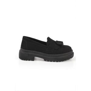 Capone Outfitters Capone Oval Toe Women's Suede Black Loafers with Tassels and Trace Column.