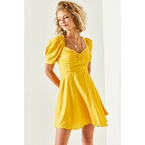 Olalook Women's Yellow Robe Detailed, Flared Woven Dress