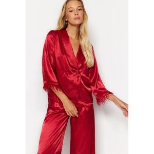 Trendyol Burgundy Feather Detailed Satin Shirt-Pants Woven Pajamas Set