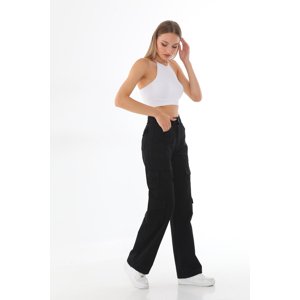 BİKELİFE Women's Black High Waist Multi-Pocket Straight Fit Cargo Pants