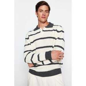 Trendyol Men's Ecru-Grey Regular Fit Striped Polo Neck Knitwear Sweater