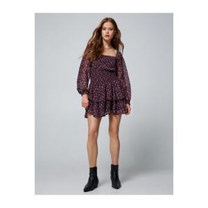Koton Floral Mini Dress with Long Tulle Sleeves Lined Square Collar Layered