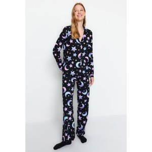 Trendyol Black and Black 100% Cotton Galaxy Printed Shirt-Pants Pajamas Set
