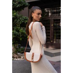 Madamra Cream Tan Women's Contrast Design Crossbody Bag