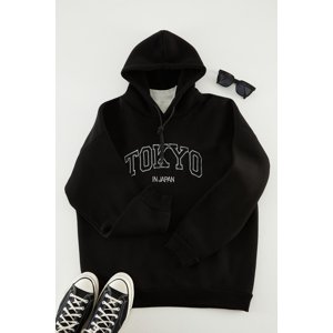 Trendyol Men's Black Oversize/Wide-Fit Urban Embroidery Hooded Cotton Sweatshirt
