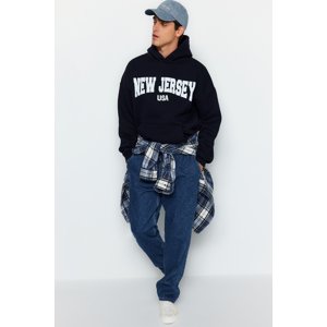 Trendyol Navy Blue Men's Oversize/Wide-Cut Fluffy City Printed Cotton Fleece Sweatshirt.