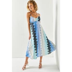 Olalook Women's Blue Straps Patterned Midi Dress