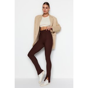 Trendyol Brown Ottoman High Waist Knitted Leggings with Slits in the Sides