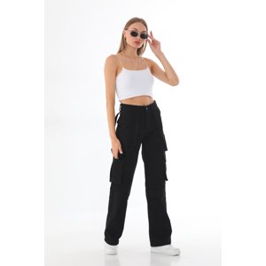 BİKELİFE Women's Black High Waist Multi-Pocket Strap Detail Straight Fit Cargo Pants