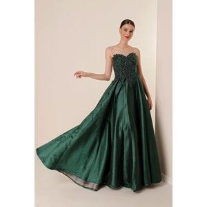 By Saygı Lined Glitter Taffeta Long Dress with Beading Embroidery Green