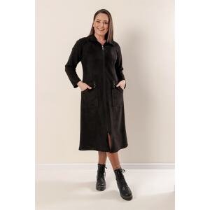 By Saygı Plus Size Suede Coat Black with Stripes on the Shoulders, Zippered Front with Pockets.